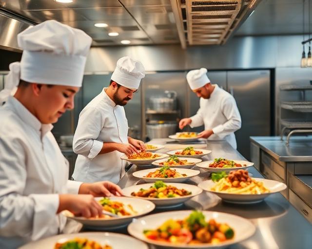 Professional catering team preparing meals