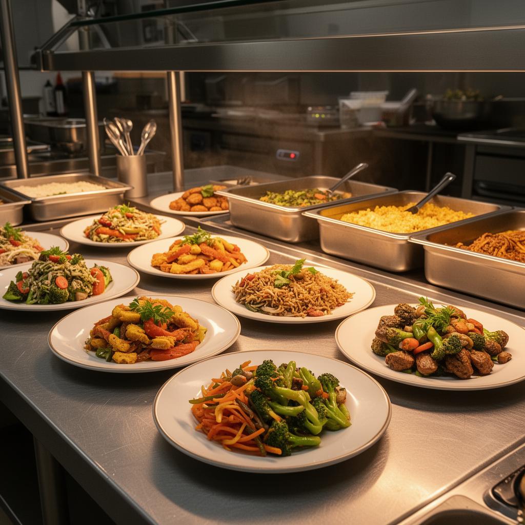Plated meals prepared for an industrial catering service