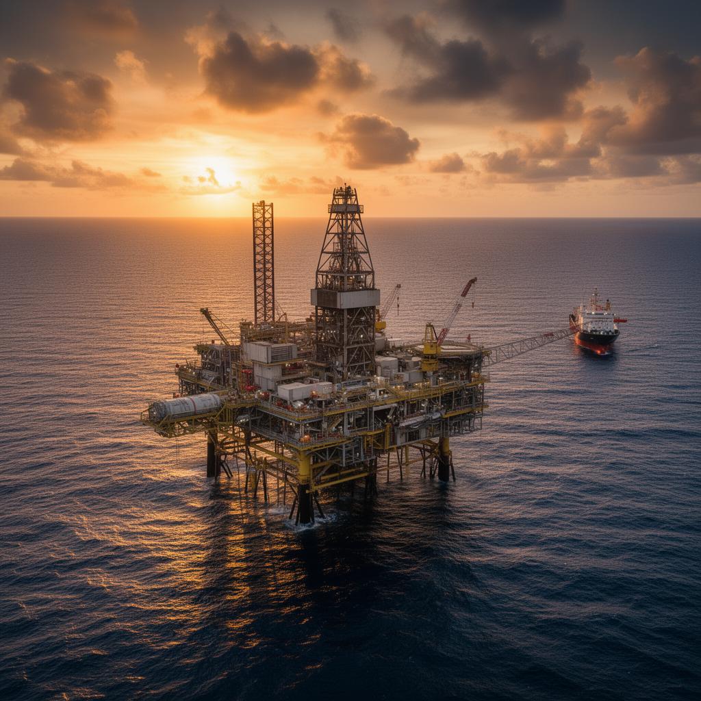 Offshore oil platform at sunset