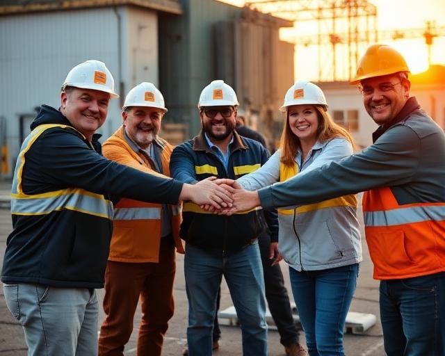Team of workers united at industrial site